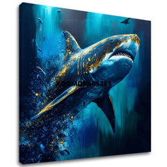 Boho stílusú vászonkép motívummal: PREMIUM ART - Shark Force in Dark Water, óceán, tenger és tengerpart kék-arany árnyalatokban, fenséges hangulat – fő