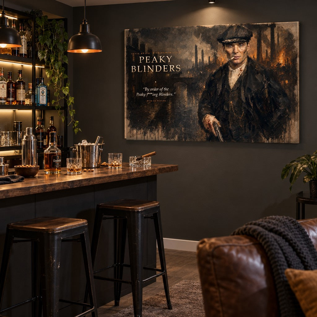Stílusos Peaky Blinders vászonkép elhelyezve egy otthoni bár mellett, whiskyvel a háttérben.