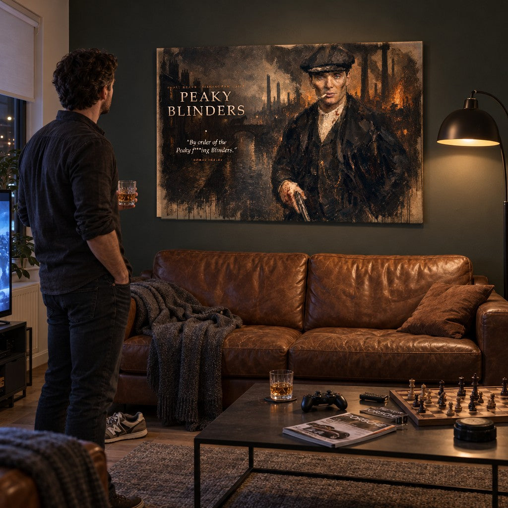 Thomas Shelby portré sötét nappaliban, egy férfi whiskyvel a kezében szemléli a drámai vászonképet.