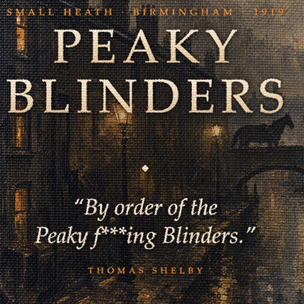 Részletfotó a Peaky Blinders vászonképről, látható a felirat és a By order of the Peaky Blinders idézet.