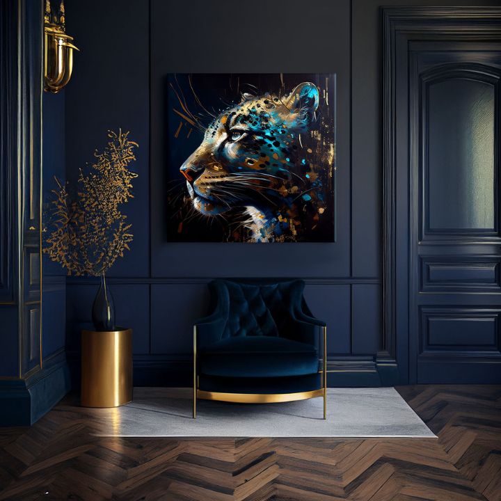 Pop art vászonkép motívummal: PREMIUM ART - Spotted Hunter's Elegance kék-arany árnyalatokban, fenséges hangulat, luxus hatás és erő – termék, nézet 2