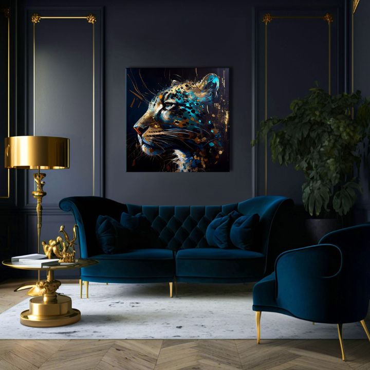 Pop art vászonkép motívummal: PREMIUM ART - Spotted Hunter's Elegance kék-arany árnyalatokban, fenséges hangulat, luxus hatás és erő – termék, nézet 3