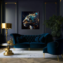 Pop art vászonkép motívummal: PREMIUM ART - Spotted Hunter's Elegance kék-arany árnyalatokban, fenséges hangulat, luxus hatás és erő – termék, nézet 3