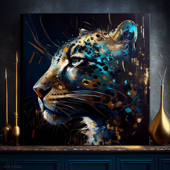 Pop art vászonkép motívummal: PREMIUM ART - Spotted Hunter's Elegance kék-arany árnyalatokban, fenséges hangulat, luxus hatás és erő – termék
