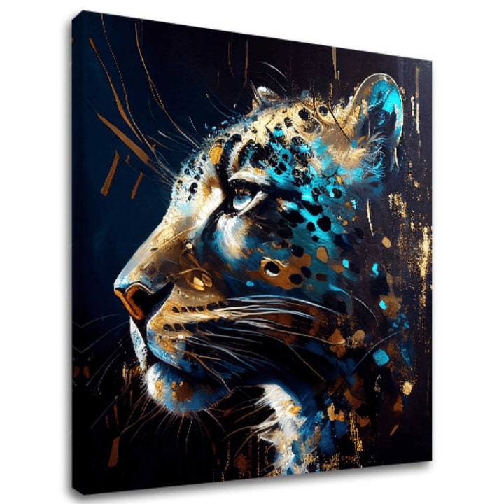 Pop art vászonkép motívummal: PREMIUM ART - Spotted Hunter's Elegance kék-arany árnyalatokban, fenséges hangulat, luxus hatás és erő – fő