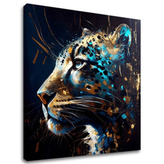 Pop art vászonkép motívummal: PREMIUM ART - Spotted Hunter's Elegance kék-arany árnyalatokban, fenséges hangulat, luxus hatás és erő – fő
