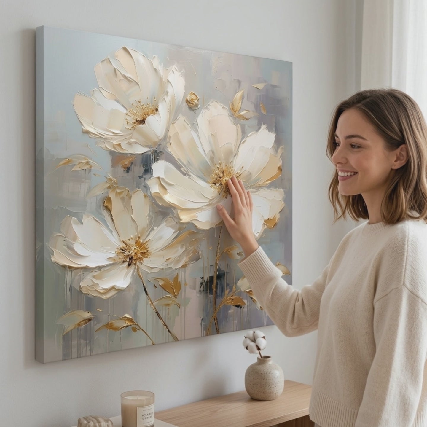 Virágvilág vászonra A delight for your senses 60x60 cm. Modern fali dekor, vászonkép a nappali szobába, egy nő megcsodálja a művet egy stílusos, világos enteriőrben. Papilora (XOBMDFL022E1).