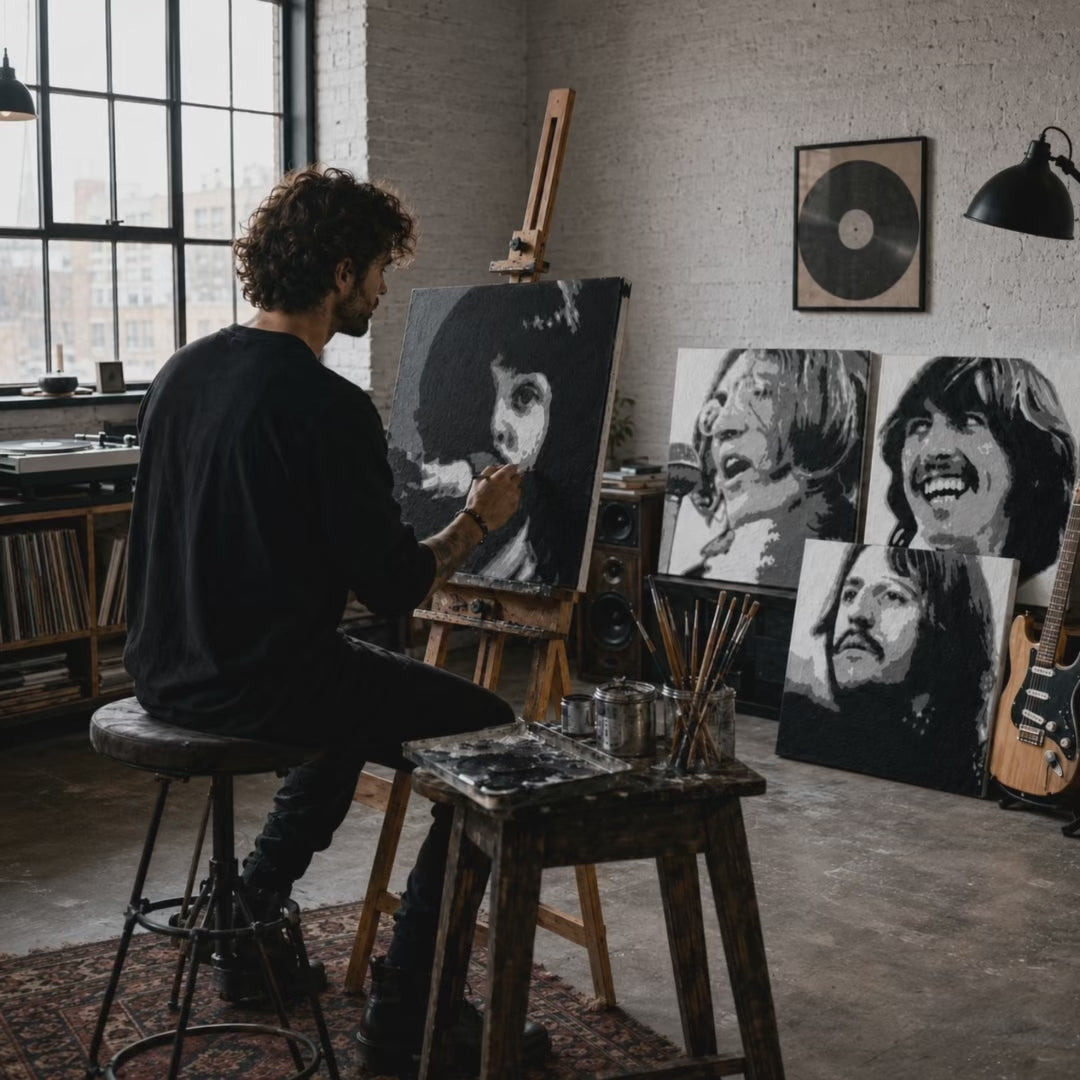 Kézzel festett POP Art festmény Kalasnyikov 3-részes ka – videós bemutató a kézi festési folyamatról. Domináns színek: fekete, szürke, fehér.