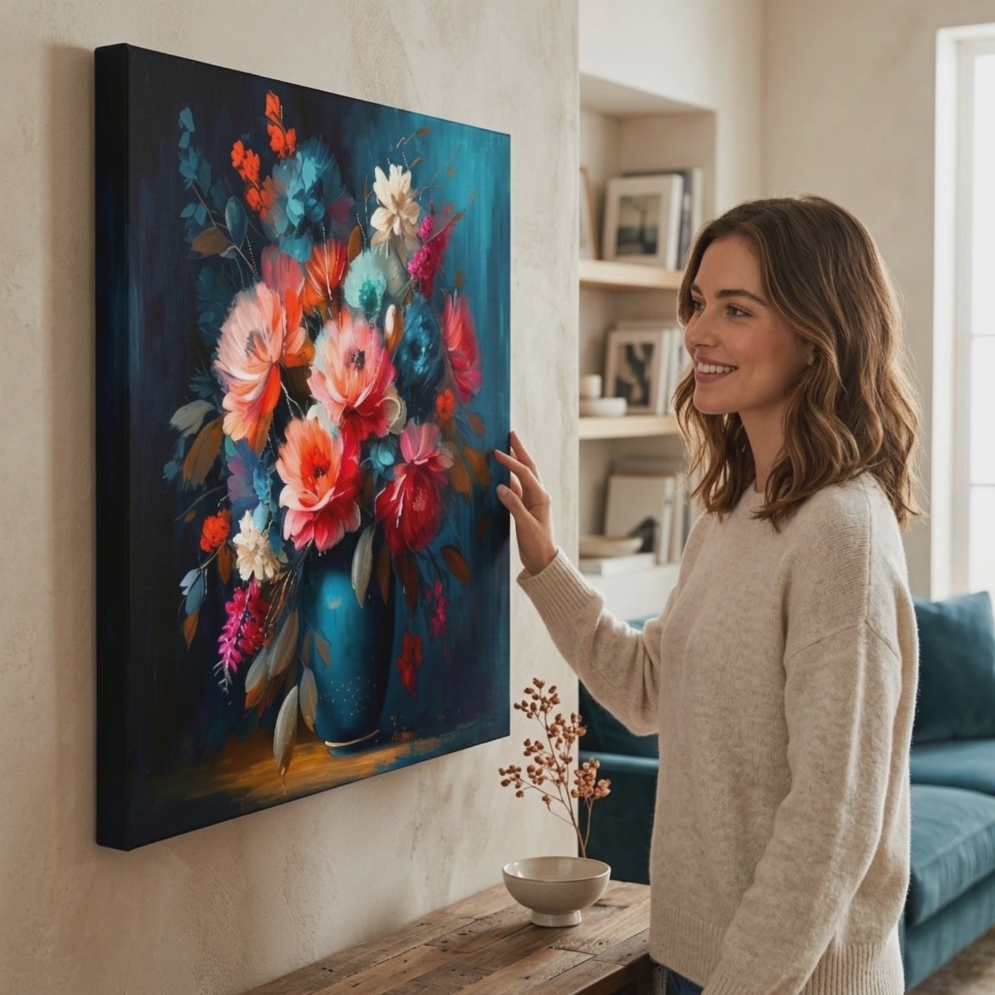 Designer dekoráció vászonra Blossoming in the colours of love (Virágzás a szerelem színeiben). Modern fali dekor, vászonkép a nappali szobába, egy nő megcsodálja a művet egy stílusos, világos enteriőrben. Papilora (XOBMDFL003E1).