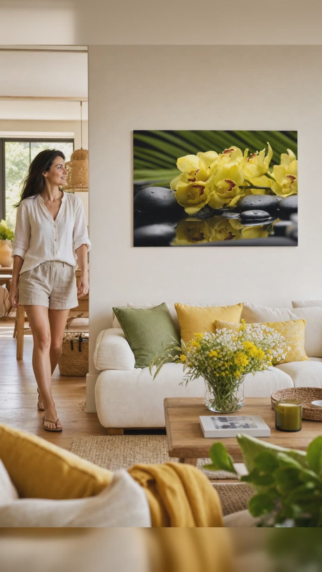 Fali művészet FENG SHUI. Modern fali dekor, vászonkép a nappali szobába, egy nő megcsodálja a művet egy stílusos, világos enteriőrben. Papilora (XOBFS012E11).