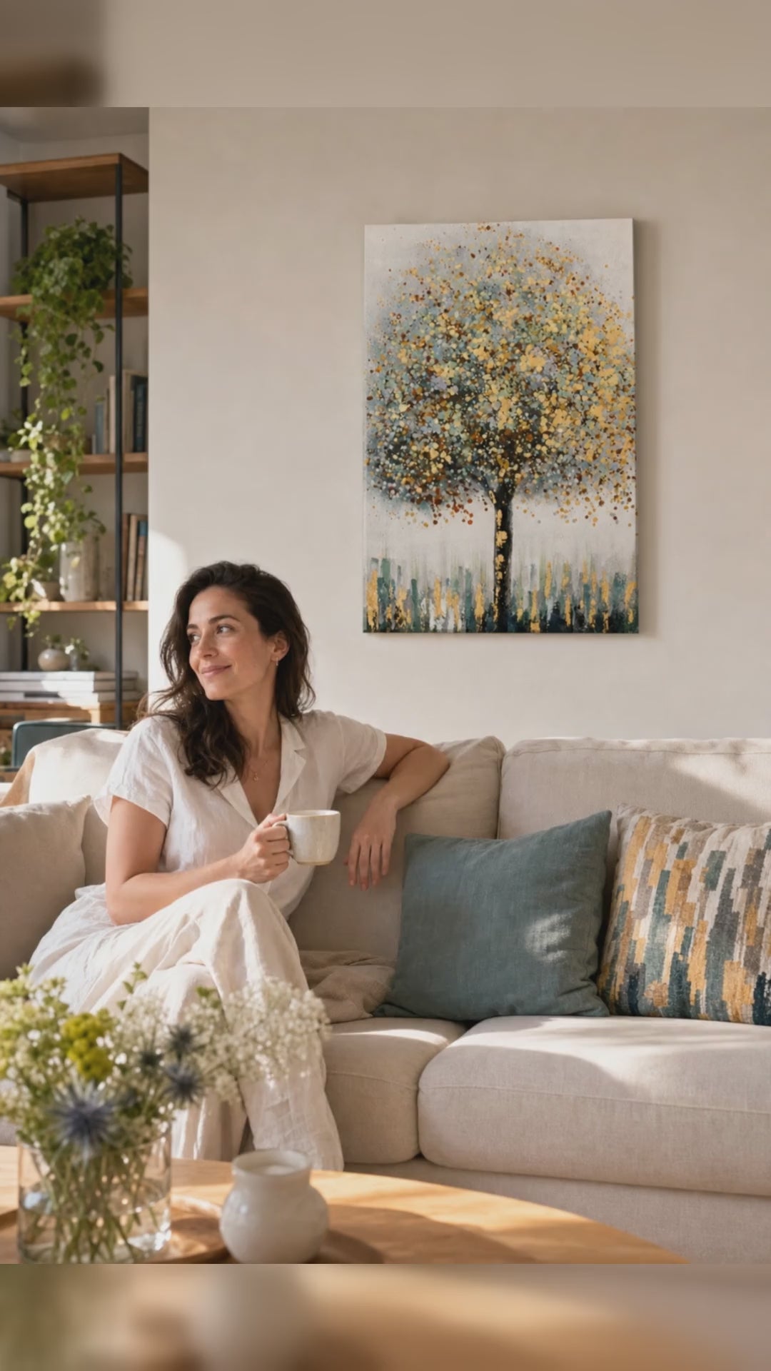 Festett falikép STROM 1 rész - 60x90 cm - 60x90 cm. Kézzel festett eredeti vászonkép, autentikus belső dekoráció, egy nő megcsodálja a művet egy stílusos, világos enteriőrben. Papilora — Crafted for Home (CWF1826SDE1).