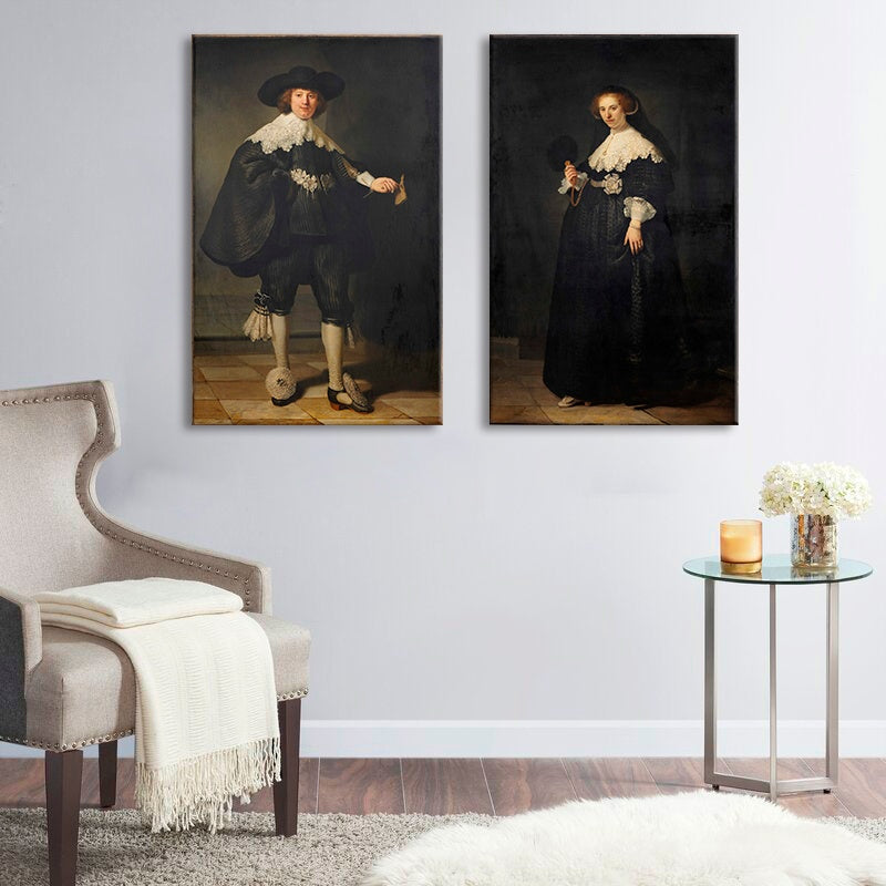Vintage kép motívummal: férfi, nő, pár fehér-bézs árnyalatokban | Vászonkép Rembrandt - Portréty Martena Soolmansa és Oopjena Coppita – előnézet