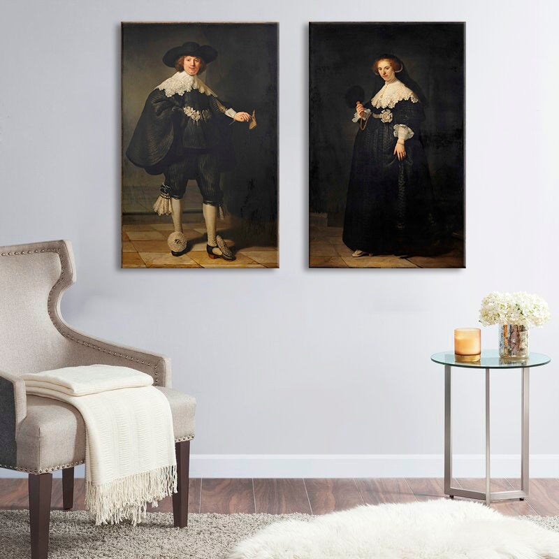 Vintage vászonkép motívummal: férfi, nő, pár, emberek fehér-bézs árnyalatokban | Vászonkép Rembrandt - Portréty Martena Soolmansa és Oopjena Coppita – termék, nézet 2