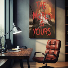 Pop art vászonkép motívummal: The world is yours fehér-narancs árnyalatokban, intenzív hangulat, erő és hatalom | Scarface vászonkép The world is yours – termék, nézet 2