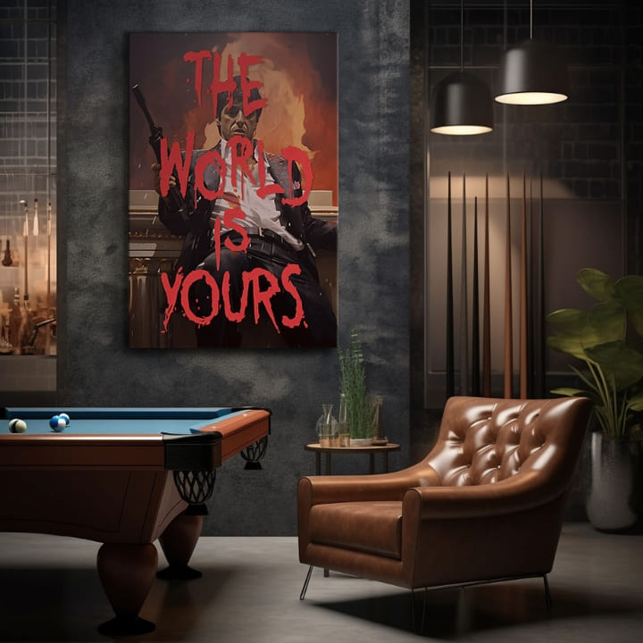 Pop art vászonkép motívummal: The world is yours fehér-narancs árnyalatokban, intenzív hangulat, erő és hatalom | Scarface vászonkép The world is yours – termék
