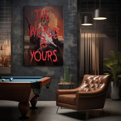 Pop art vászonkép motívummal: The world is yours fehér-narancs árnyalatokban, intenzív hangulat, erő és hatalom | Scarface vászonkép The world is yours – termék
