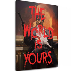 Pop art vászonkép motívummal: The world is yours fehér-narancs árnyalatokban, intenzív hangulat, erő és hatalom | Scarface vászonkép The world is yours – fő