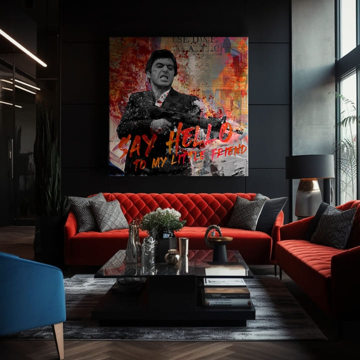 Pop art vászonkép motívummal: Say hello to my little friend, táj narancs-piros árnyalatokban, filmvilág | Scarface vászonkép Say hello to my little friend – termék, nézet 2