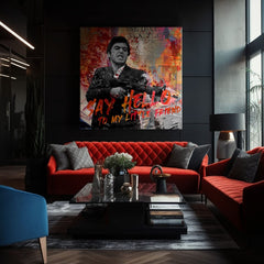 Pop art vászonkép motívummal: Say hello to my little friend, táj narancs-piros árnyalatokban, filmvilág | Scarface vászonkép Say hello to my little friend – termék, nézet 2
