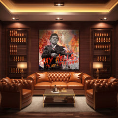 Pop art vászonkép motívummal: Say hello to my little friend, táj narancs-piros árnyalatokban, filmvilág | Scarface vászonkép Say hello to my little friend – termék