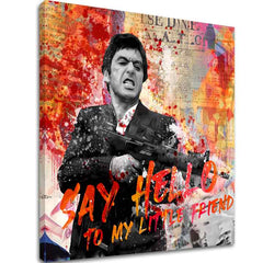 Pop art vászonkép motívummal: Say hello to my little friend, táj narancs-piros árnyalatokban, filmvilág | Scarface vászonkép Say hello to my little friend – fő