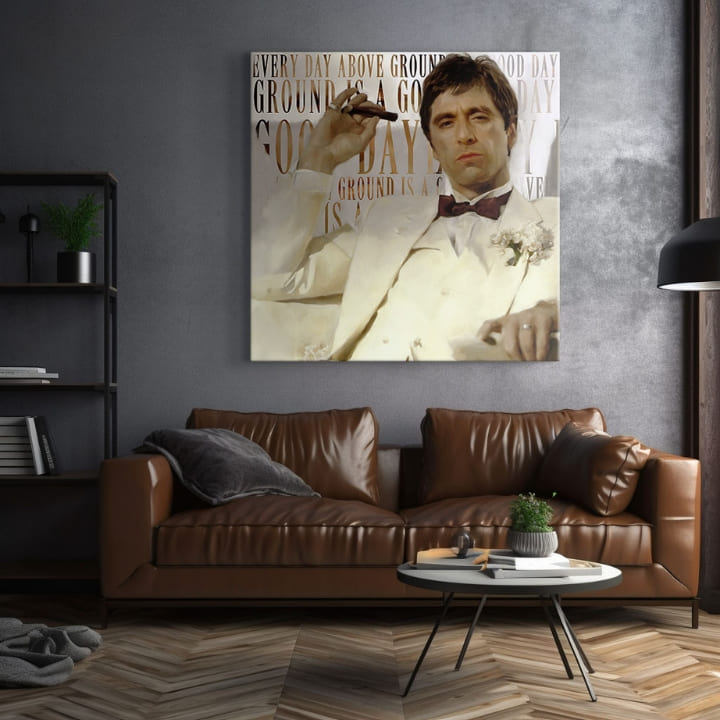 Pop art vászonkép motívummal: Every day above ground is és good day fehér-bézs árnyalatokban, alkalmas a nappali számára | Scarface vászonkép Every day above ground is és good day – termék