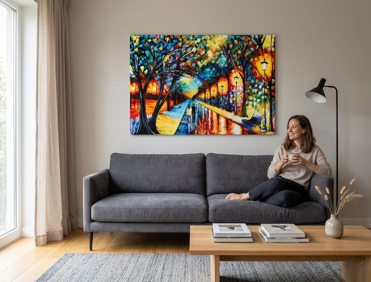 Boho stílusú vászonkép motívummal: pár, fák, ösvény, padka a parkban, táj kék-narancs árnyalatokban felakasztva az enteriőrben nappali számára – enteriőr