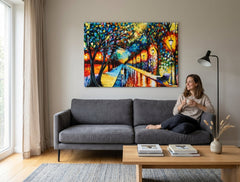 Boho stílusú vászonkép motívummal: pár, fák, ösvény, padka a parkban, táj kék-narancs árnyalatokban felakasztva az enteriőrben nappali számára – enteriőr