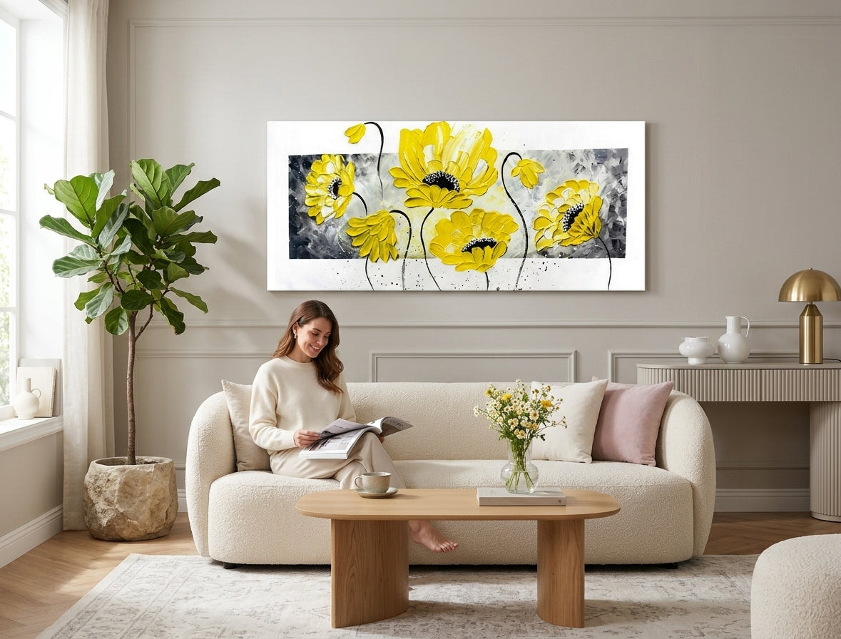 Pop art vászonkép motívummal: virágok, természet fehér-szürke árnyalatokban felakasztva az enteriőrben nappali számára, vidám hangulat, természet és tavaszi hangulat – enteriőr