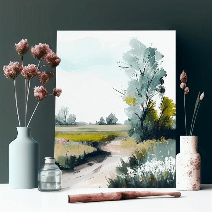 Boho stílusú vászonkép motívummal: ösvény, fák, mező, égbolt, táj fehér-barna árnyalatokban, nyugodt hangulat, természet, alkalmas a nappali számára – termék