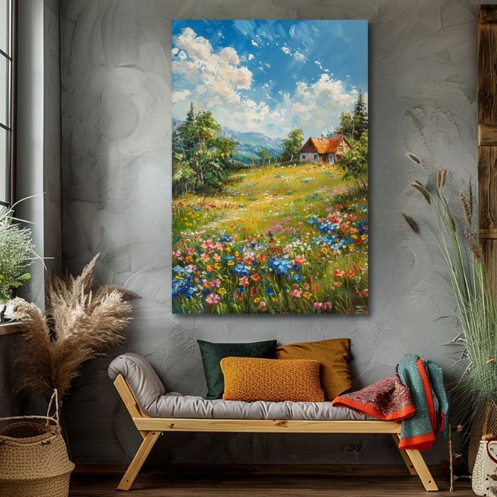 Pop art vászonkép motívummal: Chalúpka v horách, hegyek, égbolt, fák kék-rózsaszín árnyalatokban, nyugodt hangulat, természet, alkalmas a előszoba számára – termék, nézet 2