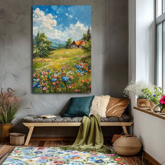 Pop art vászonkép motívummal: Chalúpka v horách, hegyek, égbolt, fák kék-rózsaszín árnyalatokban, nyugodt hangulat, természet, alkalmas a előszoba számára – termék