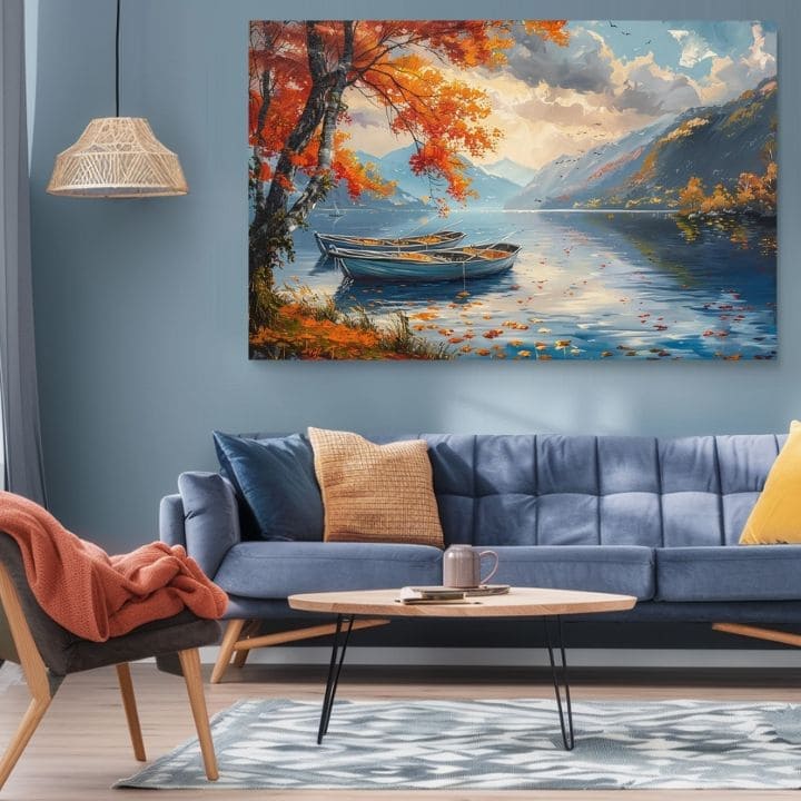Art deco vászonkép motívummal: Jesenné levelek pri jazere, tó, fák, hegyek, égbolt kék-narancs árnyalatokban, nyugodt hangulat, alkalmas a nappali számára – termék, nézet 2