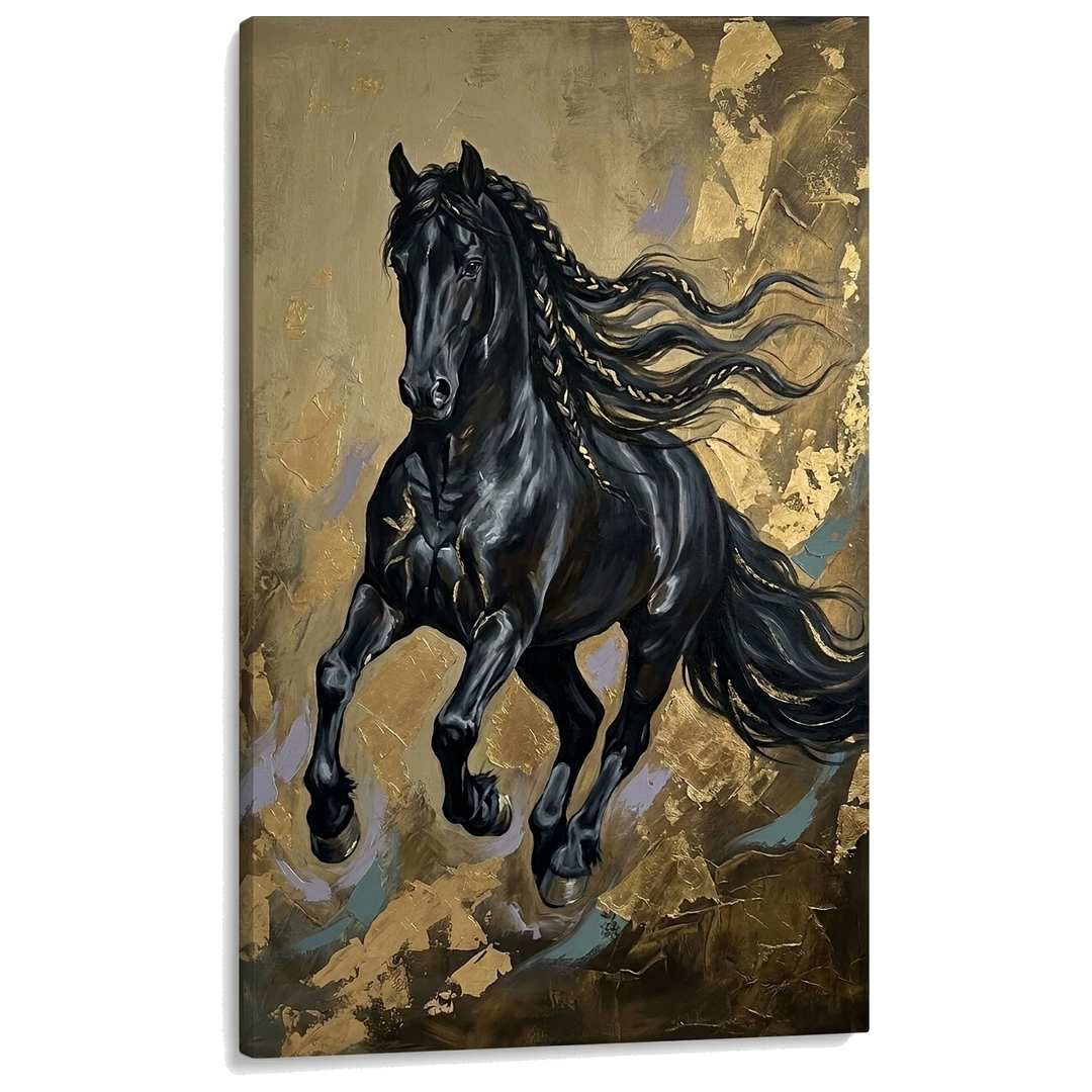 Vágtató fekete ló vászonkép 3D vizualizációja, látható fa vakkerettel, exkluzív Premium Art alkotás a Papilora márkától.