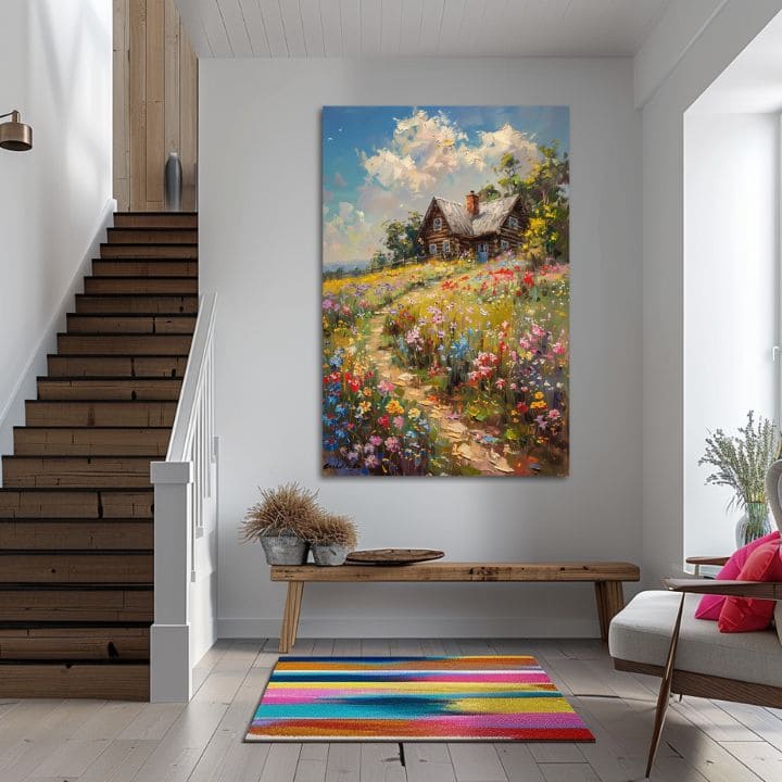 Pop art vászonkép motívummal: Chalúpka v virágos poli, égbolt, fák, gyermek motívum, állat kék-rózsaszín árnyalatokban, alkalmas a nappali számára – termék, nézet 2