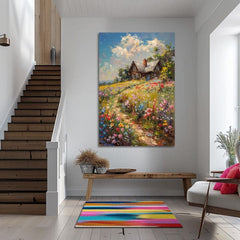 Pop art vászonkép motívummal: Chalúpka v virágos poli, égbolt, fák, gyermek motívum, állat kék-rózsaszín árnyalatokban, alkalmas a nappali számára – termék, nézet 2