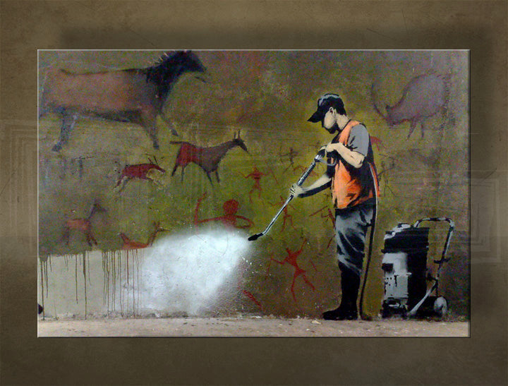 Boho stílusú vászonkép motívummal: Street ART – Banksy, táj, tenger és tengerpart lila-kék árnyalatokban, többrészes kivitel, alkalmas a nappali számára – fő