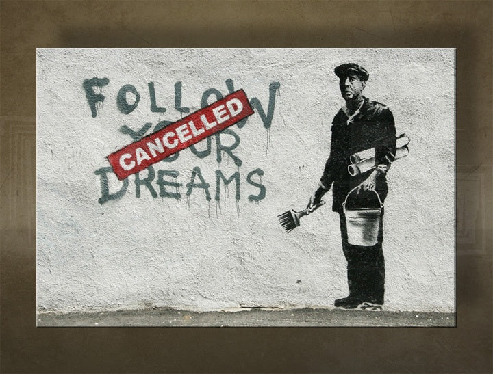 Boho stílusú vászonkép motívummal: Street ART – Banksy, graffiti, táj, tenger és tengerpart lila-kék árnyalatokban, többrészes kivitel – fő