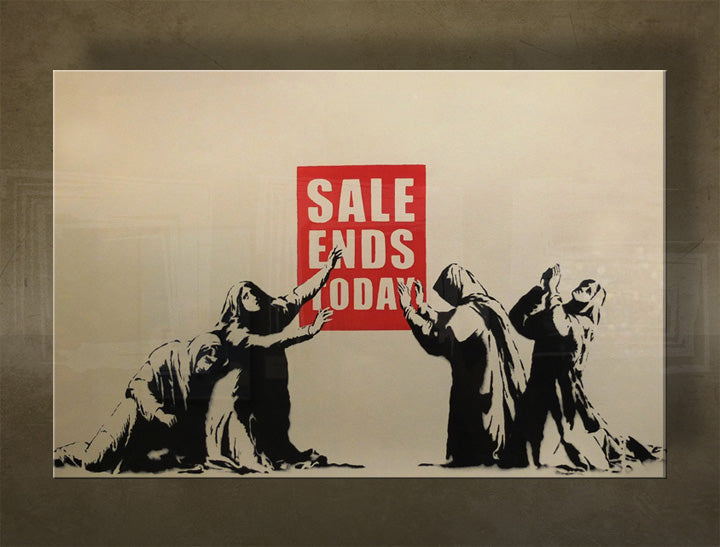 Boho stílusú vászonkép motívummal: Street ART – Banksy, tenger és tengerpart lila-kék árnyalatokban, többrészes kivitel, alkalmas a nappali számára – fő