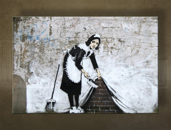 Boho stílusú vászonkép motívummal: Street ART – Banksy, tenger és tengerpart lila-kék árnyalatokban, többrészes kivitel, alkalmas a nappali számára – fő [XOBBA027O1]