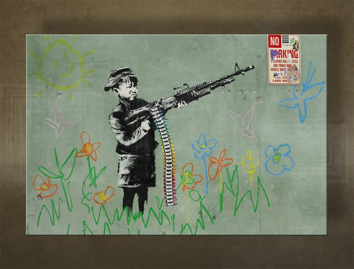 Boho stílusú vászonkép motívummal: Street ART – Banksy, gyerek, graffiti, virágok, nap lila-kék árnyalatokban, gyermekkor, többrészes kivitel – fő