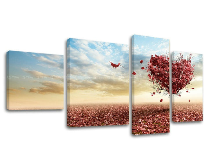 Ipari vászonkép motívummal: égbolt, felhők, táj, tenger és tengerpart, fák lila-kék árnyalatokban, romantikus hangulat, többrészes kivitel – fő