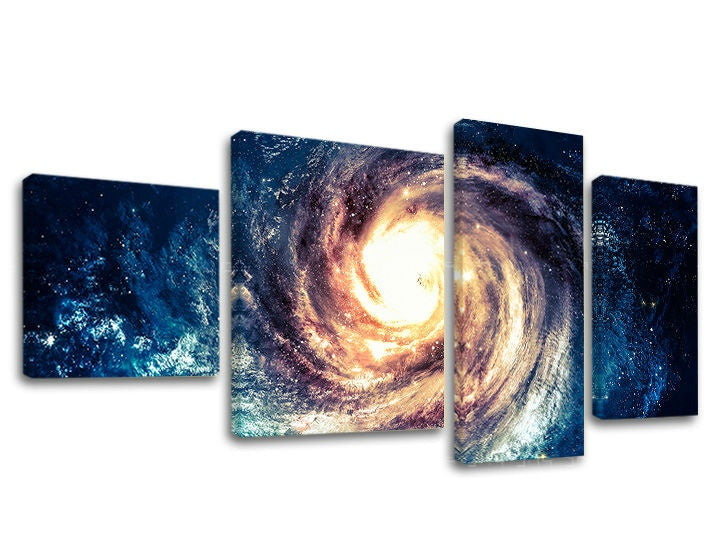 Modern vászonkép motívummal: galaxis, csillagok, világűr fehér-kék árnyalatokban, fenséges hangulat, többrészes kivitel, alkalmas a dolgozószoba számára – fő