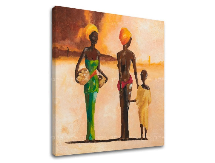 Boho stílusú kép motívummal: AFRICKÉ NŐK, gyerek, etnikai minta bézs-barna árnyalatokban | Vászonkép AFRICKÉ NŐK, család – előnézet