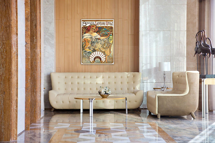 Geometrikus vászonkép motívummal: BISCUITS LEFEVRE-UTILE – Alfons Mucha, madár krém-kék árnyalatokban felakasztva az enteriőrben nappali számára, természet – enteriőr