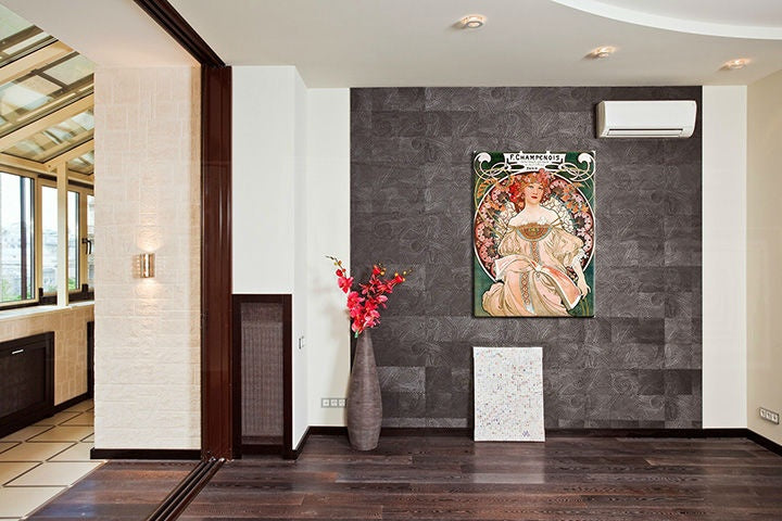 Pop art vászonkép motívummal: F. CHAMPENOIS IMPRIMEUR-ÉDITEUR – Alfons Mucha, virágok, természet zöld-piros árnyalatokban felakasztva az enteriőrben nappali számára – enteriőr