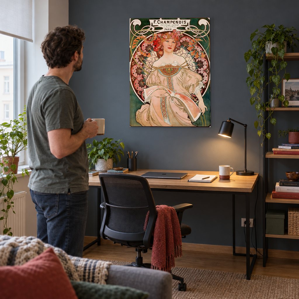 Vászonkép F. Champenois – plakát – Alfons Mucha a dolgozószobában
