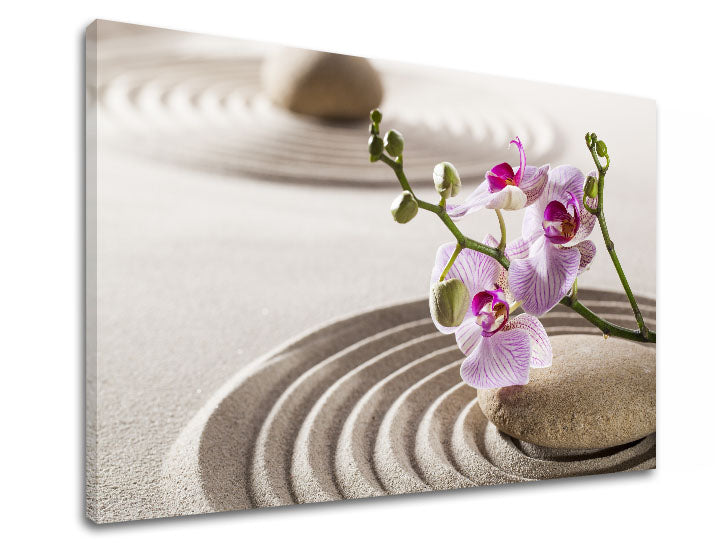 Klasszikus vászonkép motívummal: FENG SHUI, orchidea, zen kert, építészet, gyermek motívum rózsaszín árnyalatokban, nyugodt hangulat, alkalmas a nappali számára – termék