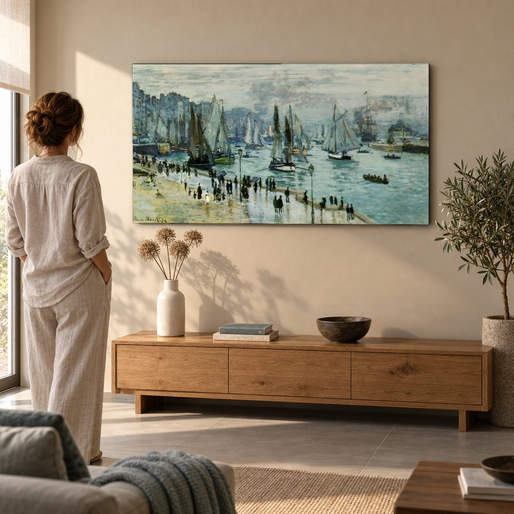 Vászonkép Halászhajók elhagyják Le Havre kikötőjét – Claude Monet a nappaliban