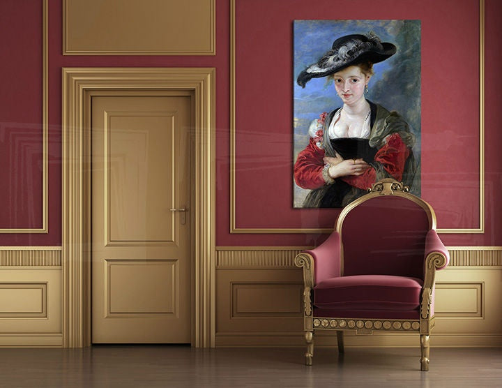 Vintage vászonkép motívummal: LE CHAPEAU DE PAILLE – Peter Paul Rubens kék-arany árnyalatokban felakasztva az enteriőrben nappali számára, elegancia – enteriőr
